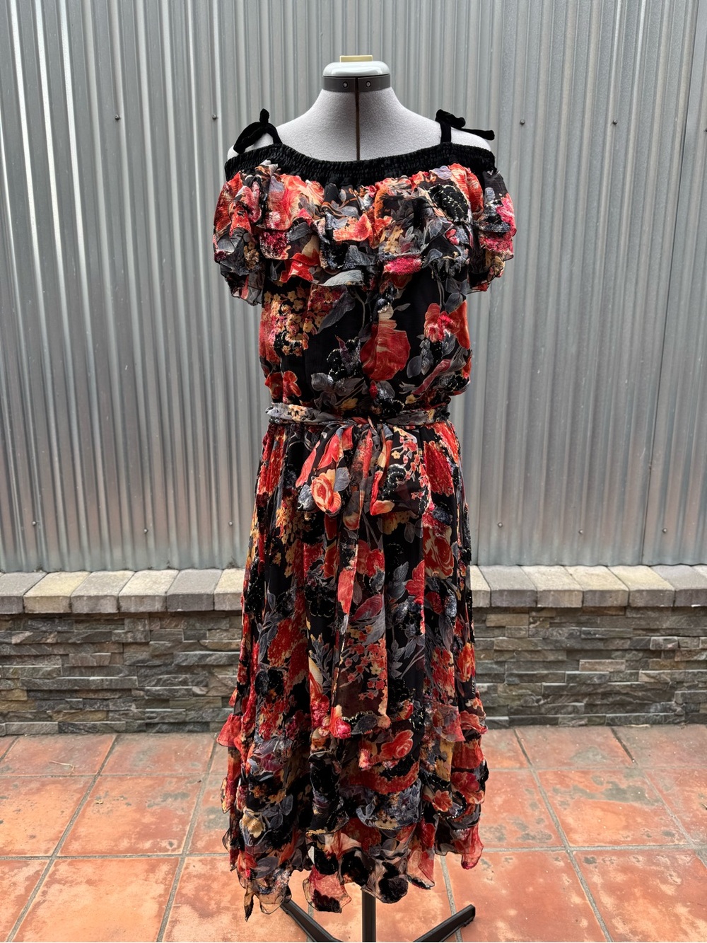 Vintage 1980s Diane Freis Limited Edition Silk Floral Ruffle Dress Boho - Picture 1 of 14